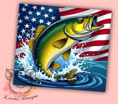 Bass Fish American Flag Patriotic Tumbler Wrap, American Flag Tumbler, 20oz Tumbler Wrap, Sublimation Drinkware, Fishing Gift, Patriotic Tumbler, Custom Outdoor Mug Sublimation Lara' s Designs 
