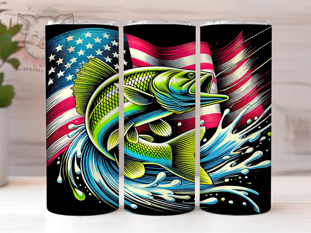 Bass Fish American Flag Patriotic Tumbler Wrap, American Flag Tumbler, 20oz Tumbler Wrap, Sublimation Drinkware, Fishing Gift, Patriotic Tumbler, Custom Outdoor Mug Sublimation Lara' s Designs 