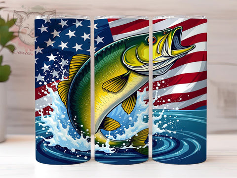 Bass Fish American Flag Patriotic Tumbler Wrap, American Flag Tumbler, 20oz Tumbler Wrap, Sublimation Drinkware, Fishing Gift, Patriotic Tumbler, Custom Outdoor Mug Sublimation Lara' s Designs 