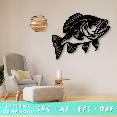 Bass fish Laser SVG Cut File, Bass fish Glowforge File, Bass fish DXF, Bass fish Wall Art SVG SVG HappyDesignStudio 