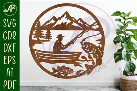 Bass fisherman mountain scene wall sign svg laser cut SVG APInspireddesigns 