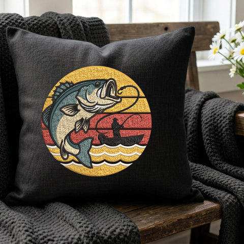 Bass Fishing Embroidery Design – Largemouth Bass Fish Retro Sunset Fisherman Boat Machine Embroidery File Embroidery/Applique DESIGNS PatternFeed8 