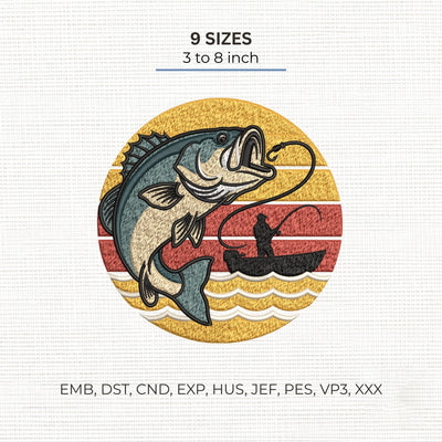 Bass Fishing Embroidery Design – Largemouth Bass Fish Retro Sunset Fisherman Boat Machine Embroidery File Embroidery/Applique DESIGNS PatternFeed8 
