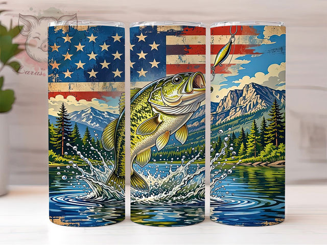 Bass Fishing Flag 20oz Tumbler, Bass Fishing, American Flag, Patriotic Design, Outdoor Lifestyle, Nature Adventure, 20oz Wrap, Sublimation Tumbler Sublimation Lara' s Designs 