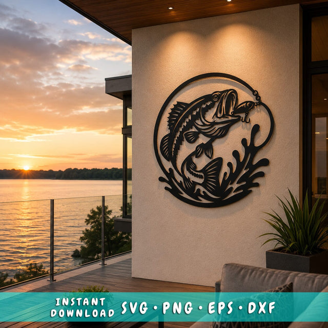 Bass Fishing Metal Wall Art SVG | Jumping Fish DXF CNC Plasma File | Fisherman Lake Decor Laser Cut Design | Svg Png Eps Dxf Download SVG HappyDesignStudio 