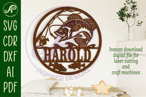 Bass fishing name sign svg laser cut template SVG APInspireddesigns 