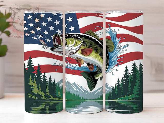 Bass Fishing Patriotic Flag 20oz Tumbler, Patriotic Design, American Flag, Fishing Theme, Outdoor Lifestyle, 20oz Tumbler Wrap, Sublimation PNG Sublimation Lara' s Designs 