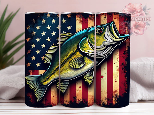 Bass Fishing Tumbler, Grunge American Flag, Fishing Drinkware, 20oz Tumbler, Outdoor Decor, Fisherman Gift, Patriotic Tumbler Sublimation Li Zamperini 