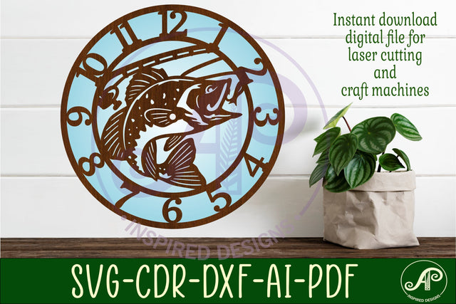 Bass fishing wall clock laser cut files, SVG SVG APInspireddesigns 