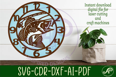 Bass fishing wall clock laser cut files, SVG SVG APInspireddesigns 