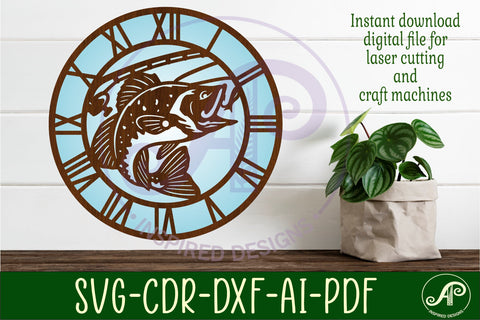 Bass fishing wall clock laser cut files, SVG SVG APInspireddesigns 