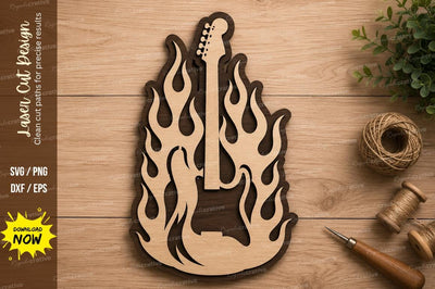 Bass Guitar Flame Laser Cut SVG Design SVG Regulrcrative 