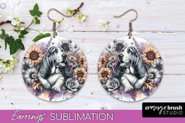 Basset Hound Earrings - Dog Mom Floral Round Earring Sublimation Sublimation OrangeBrushStudio 