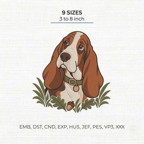 Basset Hound Embroidery Design – Cute Brown and White Dog Portrait with Autumn Leaves Machine Embroidery File Embroidery/Applique DESIGNS PatternFeed8 
