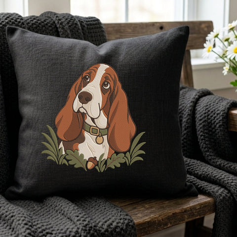 Basset Hound Embroidery Design – Cute Brown and White Dog Portrait with Autumn Leaves Machine Embroidery File Embroidery/Applique DESIGNS PatternFeed8 