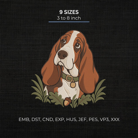 Basset Hound Embroidery Design – Cute Brown and White Dog Portrait with Autumn Leaves Machine Embroidery File Embroidery/Applique DESIGNS PatternFeed8 