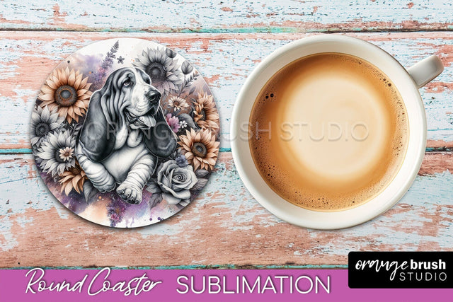 Basset Hound Round Coaster - Dog Mom Floral Coaster Sublimation Sublimation OrangeBrushStudio 