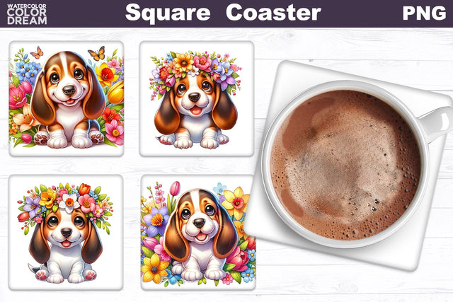 Basset Hound Square Coaster | Dog Flowers Square Coaster Sublimation WatercolorColorDream 