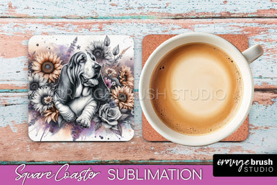 Basset Hound Square Coaster - Dog Mom Floral Coaster Sublimation Sublimation OrangeBrushStudio 