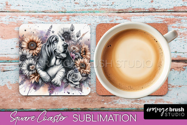 Basset Hound Square Coaster - Dog Mom Floral Coaster Sublimation Sublimation OrangeBrushStudio 