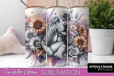 Basset Hound Tumbler Wrap - Dog Mom Floral Tumbler Sublimation Sublimation OrangeBrushStudio 