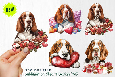 Basset Hound with 'Be Mine' Heart Pillow and Glitter Hearts Clipart Sublimation Regulrcrative 