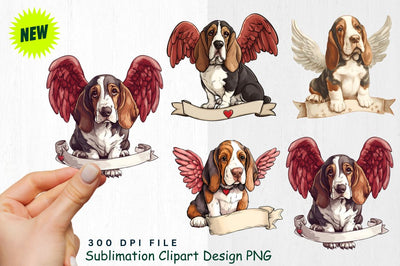 Basset Hound with Cupid Wings and 'Be Mine' Banner Clipart Sublimation Regulrcrative 
