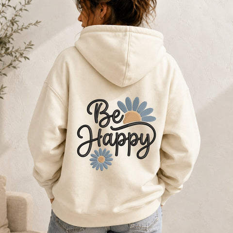 Be Happy Embroidery Design – Blue Daisy Flowers Inspirational Quote Machine Embroidery File Embroidery/Applique DESIGNS PatternFeed8 