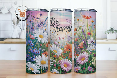 Be Happy Spring Floral 20 oz Skinny Tumbler Sublimation, Flower Tumbler Png, Watercolor Flower Designs Sublimation Rabbitmakies 