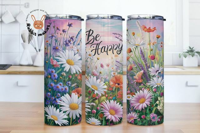 Be Happy Spring Floral 20 oz Skinny Tumbler Sublimation, Flower Tumbler Png, Watercolor Flower Designs Sublimation Rabbitmakies 