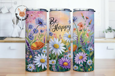 Be Happy Spring Floral 20 oz Skinny Tumbler Sublimation, Flower Tumbler Png, Watercolor Flower Designs Sublimation Rabbitmakies 