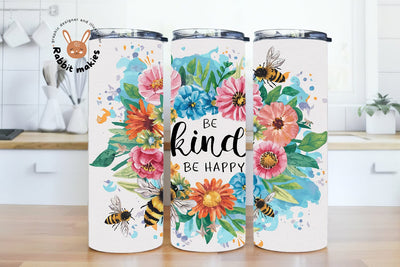 Be Kind Be Happy Floral Tumbler Wrap - Watercolor Skinny Tumbler Design Sublimation Rabbitmakies 