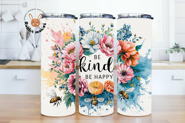 Be Kind Be Happy Floral Tumbler Wrap - Watercolor Skinny Tumbler Design Sublimation Rabbitmakies 