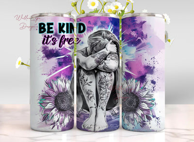 Be Kind, Its Free, 20oz Tumbler Wrap, Pastel Sunflowers, Sublimation, Girl with Tattoos, Funny Png Girl With Hat, Boho, Positive Quotes Sublimation WillowSageDesign 
