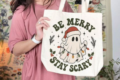 Be Merry Stay Scary PNG, Halloween Christmas Png, Cute Ghost Png, Christmas Sweatshirt, Sublimation Png, Svg Files For Cricut SVG DesignDestine 