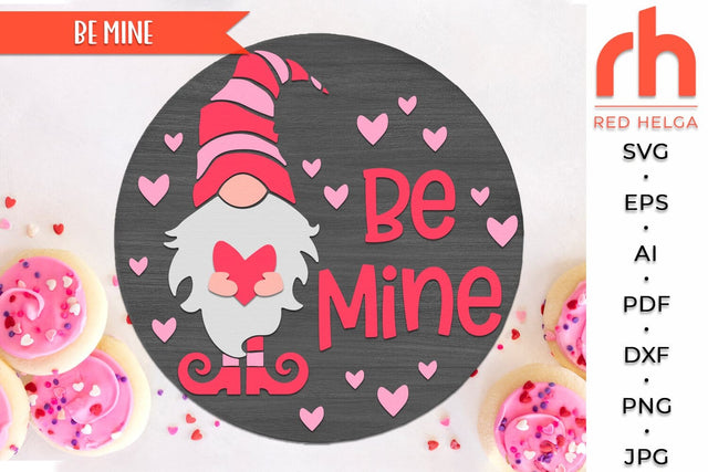 Be Mine SVG, Layered Round Hanger Cut File, Silhouette of a Gnome with a Heart, Valentine’s Door DXF, February Decor SVG RedHelgaArt 