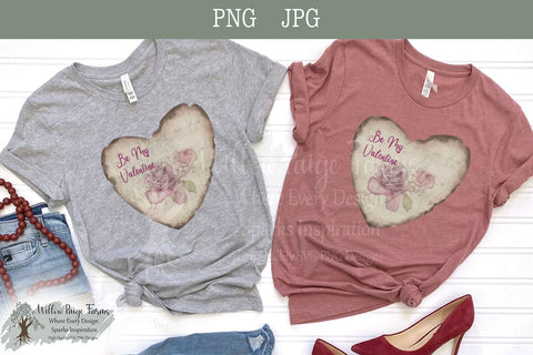 Be My Valentine Antiqued Heart Design - Watercolor Roses Sublimation Willow Paige Farms 