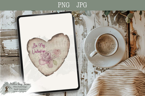 Be My Valentine Antiqued Heart Design - Watercolor Roses Sublimation Willow Paige Farms 
