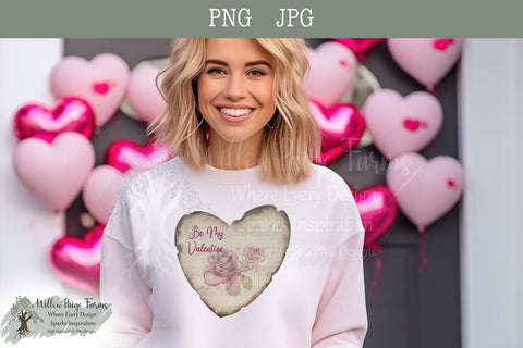 Be My Valentine Antiqued Heart Design - Watercolor Roses Sublimation Willow Paige Farms 