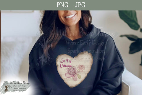 Be My Valentine Antiqued Heart Design - Watercolor Roses Sublimation Willow Paige Farms 