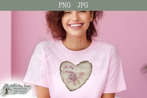 Be My Valentine Antiqued Heart Design - Watercolor Roses Sublimation Willow Paige Farms 