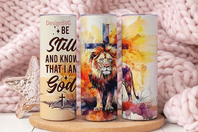 Be Still And Know That I Am God Christian 20 oz Skinny Tumbler Wrap Sublimation Design, Lion Of Judah and Cross, Digital Download PNG Sublimation DesignSVG 