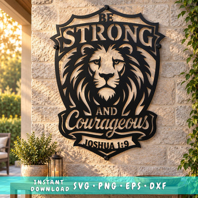 Be Strong and Courageous Lion Laser SVG | Joshua 1:9 Bible Verse Svg | Christian Lion DXF | Faith Metal Wall Art | Plasma CNC Cut File SVG HappyDesignStudio 