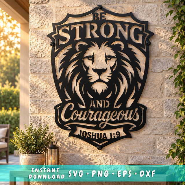Be Strong and Courageous Lion Laser SVG | Joshua 1:9 Bible Verse Svg | Christian Lion DXF | Faith Metal Wall Art | Plasma CNC Cut File SVG HappyDesignStudio 
