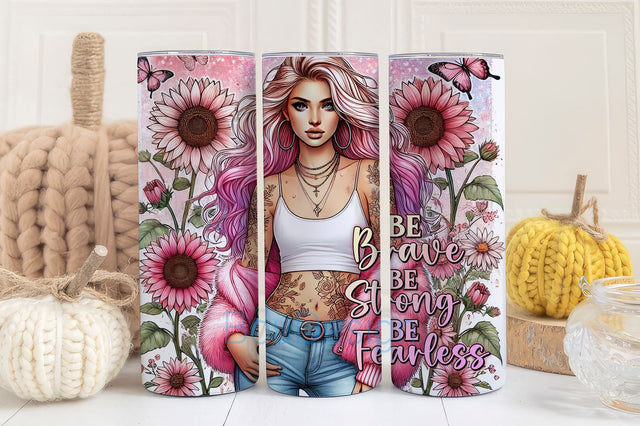 Be Strong, Be Brave, Be Fearless 20oz Skinny Tumbler Wrap, Pastel Sunflowers Digital Download, Girl with Tattoos Wrap Sublimation Design Png Sublimation BouDesign 