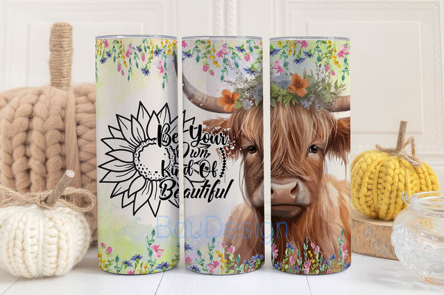 Be Your Own Kind of Beautiful, Highland Cow 20oz Skinny Tumbler Wrap, Unique Cow Tumbler, Cute Highland Cow Tumbler, Cute Cow Tumbler Sublimation BouDesign 