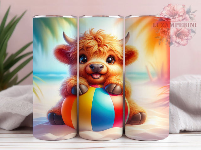 Beach Baby Cow 20oz Tumbler, Cheerful Baby Cow, Fluffy Orange Brown Fur, Oversized Cow Design, Cow On The Beach, 20oz Tumbler Wrap, Summer Vibes Sublimation Sublimation Li Zamperini 