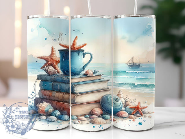 Beach Books 20oz Skinny Tumbler, Book Lover Tumbler Png, Straight & Tapered Tumbler Wrap, Instant Digital Download Sublimation ToriDesigns 