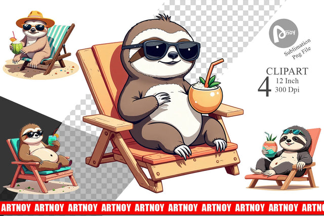 Beach Bum Sloth Clipart Sublimation artnoy 