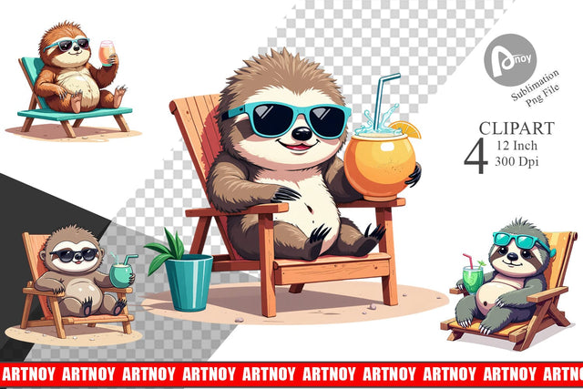 Beach Bum Sloth Clipart Sublimation artnoy 